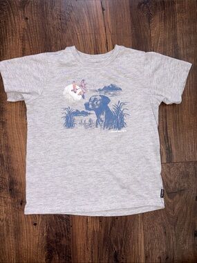 Eddie Bauer Heather Gray Tee with Blue Dog Graphic and Coral Accents